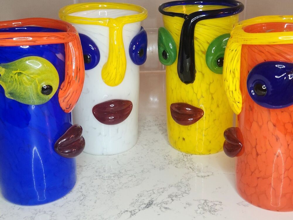Set Of 4 Art Glass Face Drinking Glasses Tumblers Gary Guydosh Hand Blown Signed